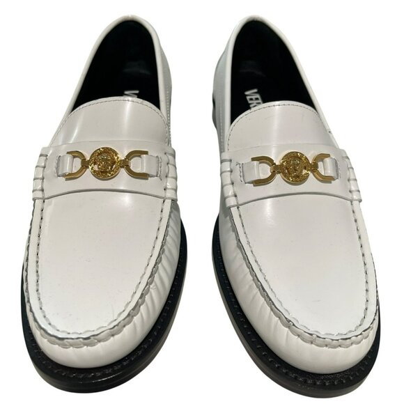Versace $775 White Leather Loafers Gold Medusa Hardware Size 37.5 7.5 - Picture 2 of 9